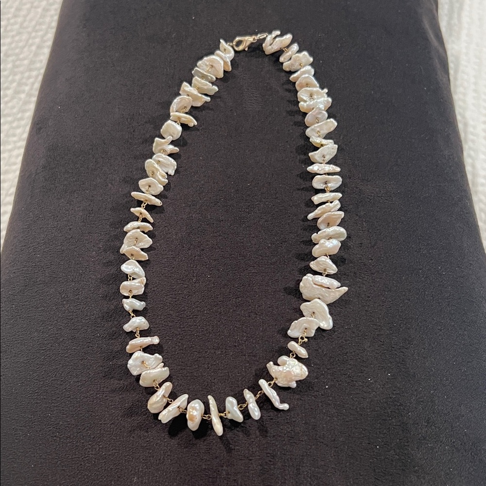 Goldie Lew Mother Of Pearl Chip Necklace Choker Gold Chain Unique Statement 16”